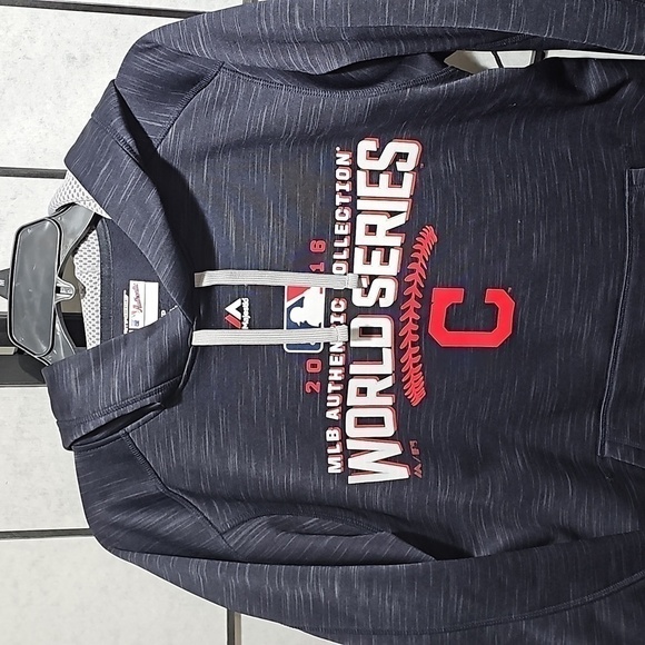 Majestic Cleveland Indians 2016 World Series Navy‎ Blue Hoodie Pullover Small - Picture 2 of 6